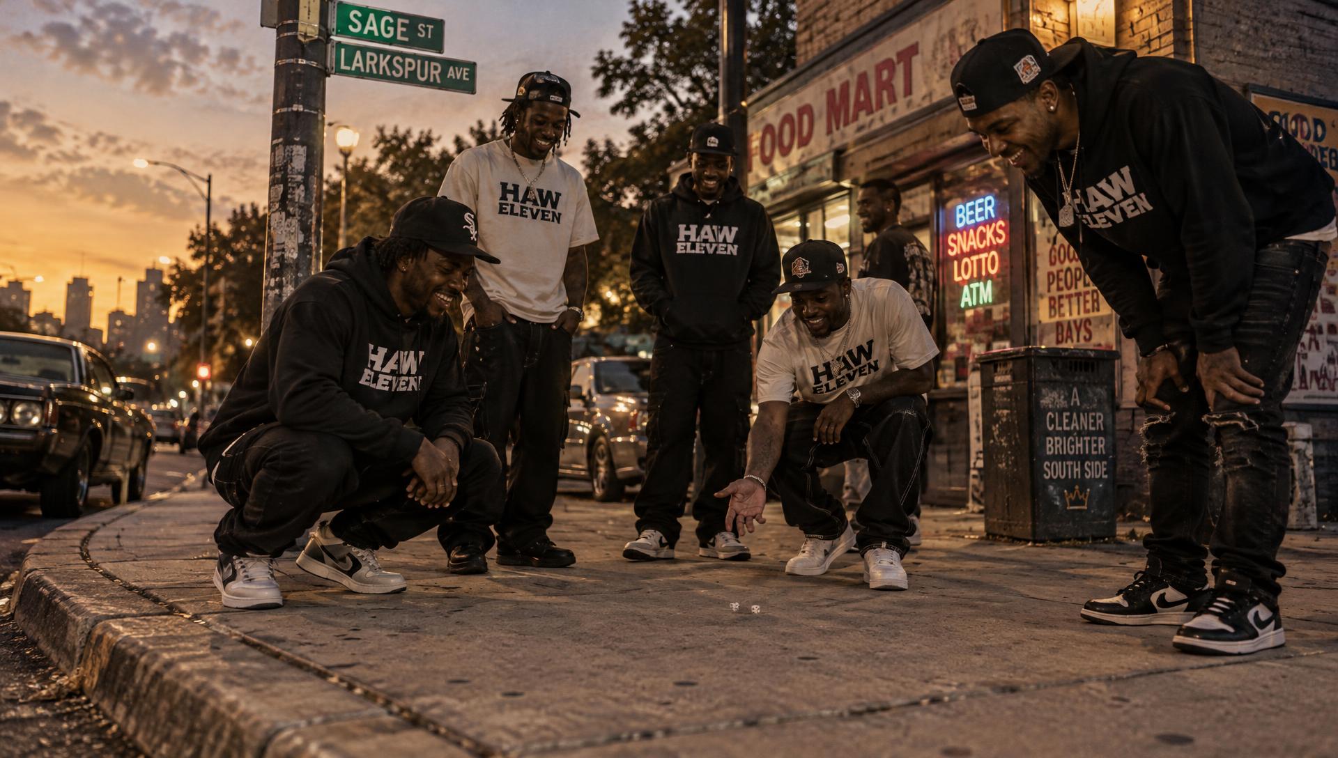 Crew in Haw Eleven gear shooting dice on the corner of Sage St and Larkspur Ave